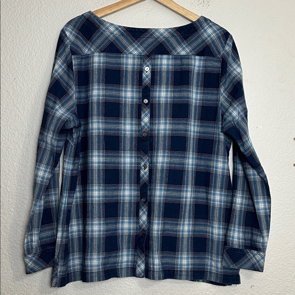 J. Jill Blue Plaid Cotton Womens Large Top 3/4 Sleeve BoatNeck Blouse Modest - Picture 2 of 10